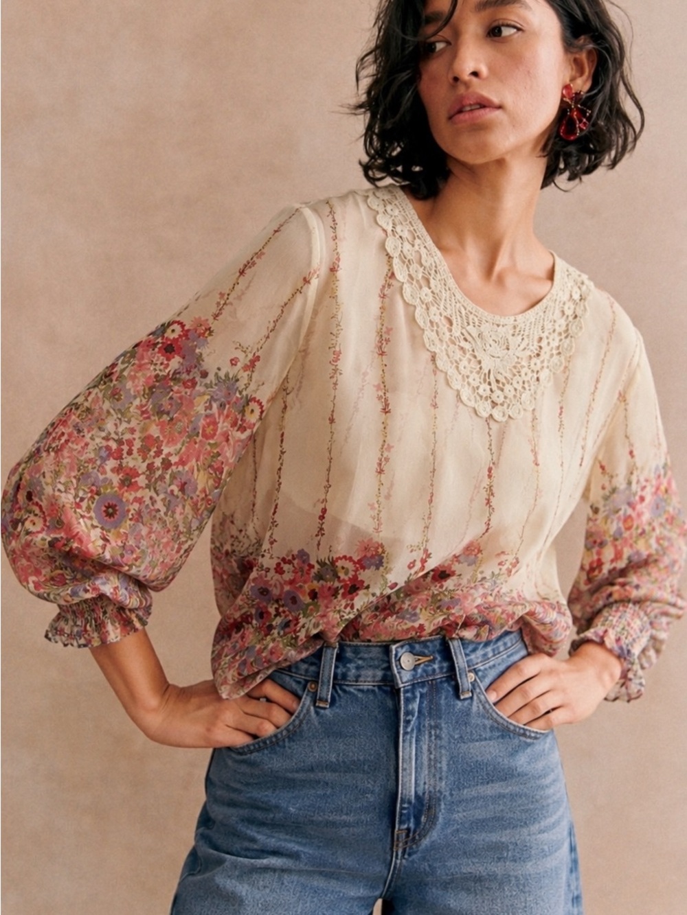 Floral Lace-Trim Peasant Blouse in Cream and Pink